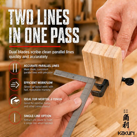 Top Tier Japanese Marking Gauge Double Blade Kebiki Scribe Tool Dead On Alignment For Mortise Tenon And Groove Layout Projects showing dual blades marking parallel lines on wood.