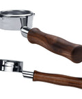 58mm Bottomless Portafilter For Breville Dual Boiler Espresso Machines with solid walnut handle and stainless steel body.