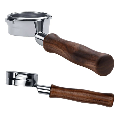 58mm Bottomless Portafilter For Breville Dual Boiler Espresso Machines with solid walnut handle and stainless steel body.