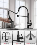 Matte Black Kitchen Faucet With Pull Down Sprayer Single Handle High Arc Three Function Waterway Solid Brass Spring