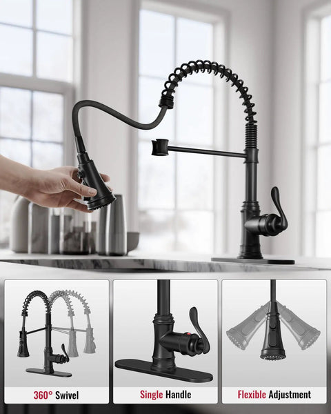 Matte Black Kitchen Faucet With Pull Down Sprayer Single Handle High Arc Three Function Waterway Solid Brass Spring