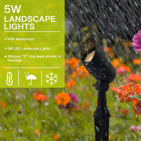 Low Voltage 12V 5W MR16 LED Landscape Light in rain, cast aluminum, outdoor spotlight for yard and garden with warm white bulb and spike