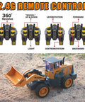 Dope One Fourteenth Scale RC Wheel Loader with Nine Channel Remote on dirt, showing control functions and lifter bucket.