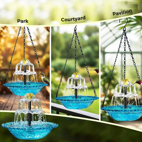 Solar Powered Cascade Hanging Bird Bath Fountain For Outdoors Weatherproof No Fuss Maintenance Garden Decor With Built In Solar Pump To Attract Hummingbirds Durable Blue Outdoor Water Feature in garden settings