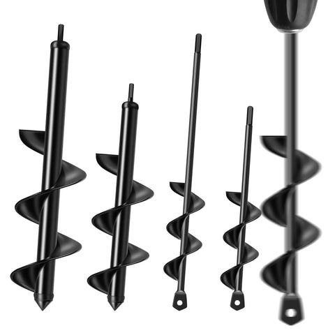 4 Pack Auger Drill Bits For Planting, Heavy Duty Steel With 3/8 Hex Drive, Quartet Of Sizes displayed vertically.