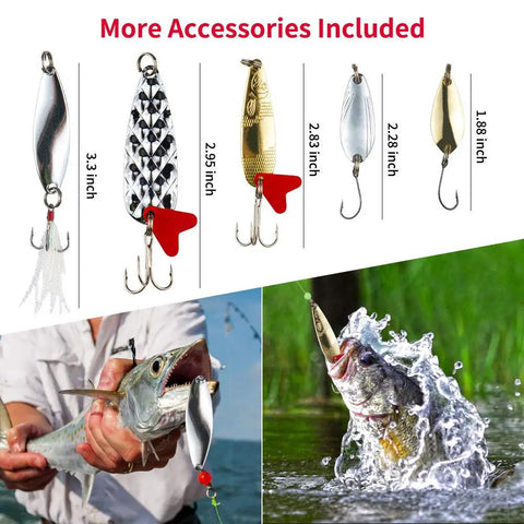 Freshwater Fishing Lures Kit With Spoon Lures And Soft Plastic Worms Bass Trout Salmon Tackle Set With images of lures and fish