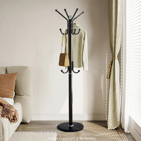 Freestanding Modern Coat Rack With Natural Marble Base And No Wobble Metal Frame 11 Hooks Hall Tree next to sofa in living room