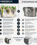 Comparison chart highlighting features of Armored XL Insulated Beverage Tub for Parties versus other tubs, with double-wall insulation.