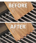 Before and after using Ultimate Bbq Cleaning Tool Shovel With Hardwood Grill Scraper on metal grill grates.