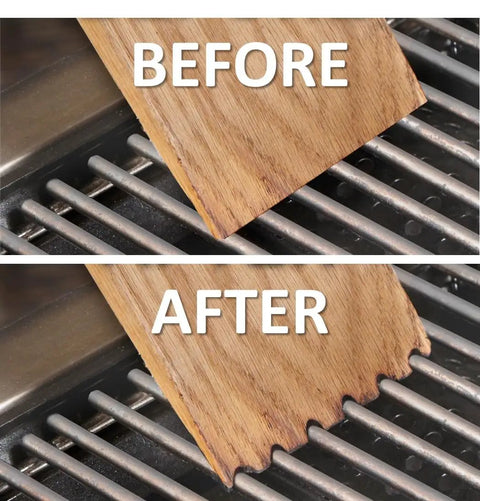 Before and after using Ultimate Bbq Cleaning Tool Shovel With Hardwood Grill Scraper on metal grill grates.