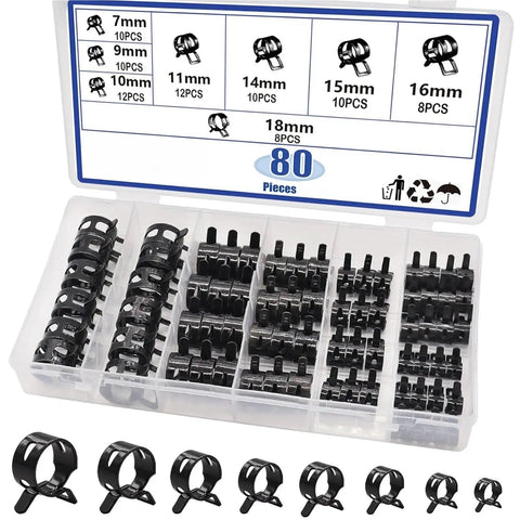 Grab This Ultimate 80 Pcs Spring Band Hose Clamp Assortment Kit For Your Smooth DIY Plumbing And Silicone Vacuum Setup. It Features Stepless Design That Snaps Right Onto Any Tubing Size. Perfect For Garage Pros And Homeowners Who Need A Solid Metal Grip. 80-piece steel spring hose clamp kit, 7-18mm sizes, in storage case