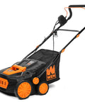 Side view of 2-In-1 Electric Dethatcher And Scarifier With 15-Inch Clearing Path, 13-Amp Motor, 3300 RPM, 24 Steel Tines, Height Adjustable Plus 12-Gallon Bag