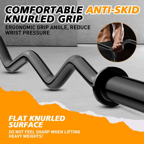 Ergonomic EZ Curl Bar For Home Gym Must Have, 47 Inch Bar With 2 Inch Weight Sleeves and knurled grip detail