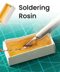 Close-up of soldering iron with 60 Watt Adjustable Temperature Soldering Iron Kit With 5 In 1 Electronics Repair Set and rosin flux box.