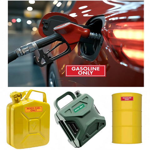 Fuel containers with labeling including 'Diesel Only,' 'Gasoline Only,' and 'Mixed Fuel Only' shown in a collage.