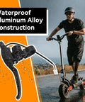 Man riding scooter in rain; inset: Left Brake Lever For Electric Scooters, Universal 3 Pin Female Plug Handbrake, waterproof aluminum.
