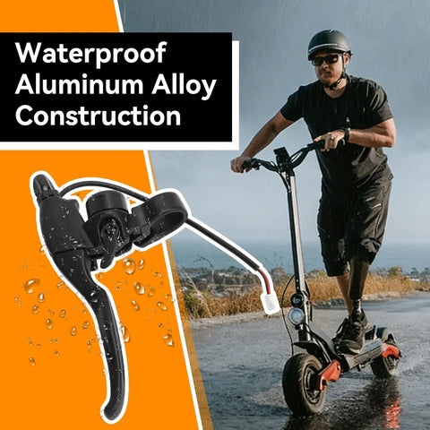 Man riding scooter in rain; inset: Left Brake Lever For Electric Scooters, Universal 3 Pin Female Plug Handbrake, waterproof aluminum.