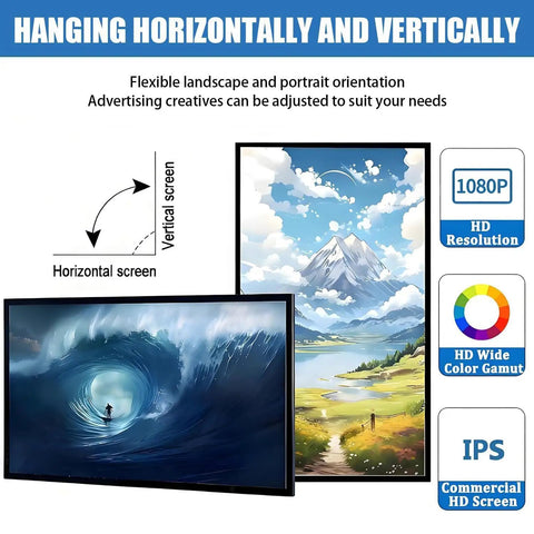 Next Level Clarity On This Hanging Digital Signage Display Featuring Straight Fire Picture Quality With Full Hd 1080p Lcd Panel And Ultra Wide Viewing Angles For Retail Showcasing, showing landscape and portrait orientations.