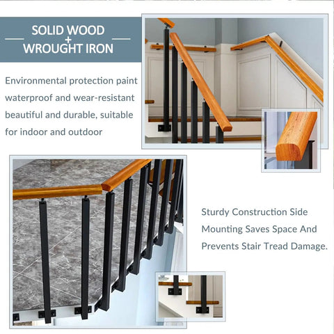 Rock Solid Outdoor Wooden Railing With Iron Post Balustrade For Patio Decks And Garden Stairs Heavy Gauge wood and metal handrail with side mounting.