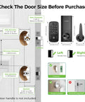 Level Up Your Home Security With This Slick WiFi Smart Deadbolt Lock Featuring Heavy Duty Keyless Entry instant fingerprint access diagram showing door specifications and installation details.