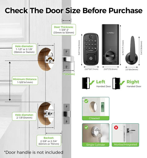 Guide for checking door size before purchasing Slick WiFi Smart Door Lock For Front Door Keyless Entry Deadbolt With Handle Set.