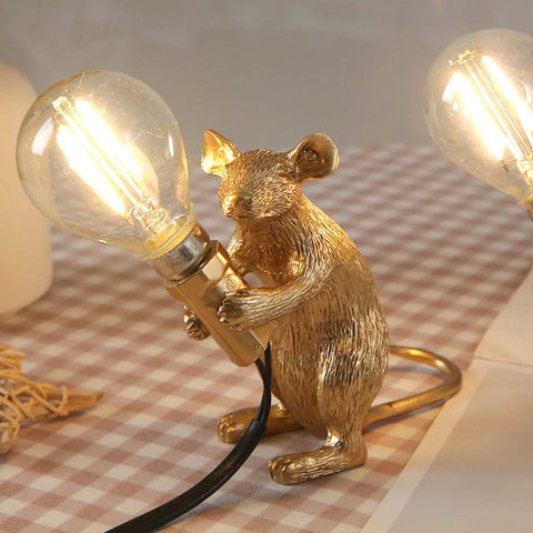 Kid Friendly Gold Finish Cute Mouse Desk Lamp With E12 LED Bulb Included, Mini Resin Animal Nightstand Light, for kids room