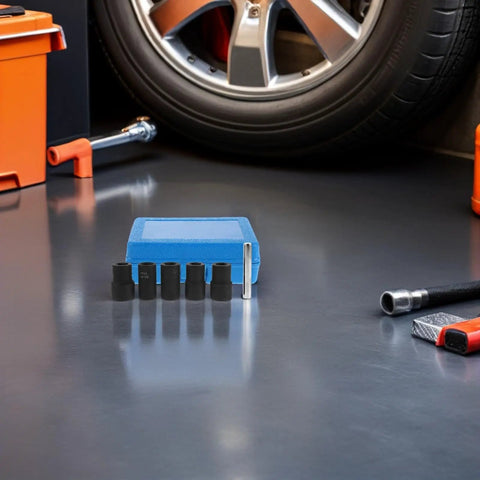 Easy Impact Socket Bolt Extractor Kit For Stripped Nuts And Screws With Steel And Plastic Build Precision Gear 17 19 21 22 24mm Sizes Perfect Garage Fix And Auto Repair Tool To Break Loose Frozen Fasteners Quick And Dirty. Blue case with 17-24mm sockets beside a car wheel