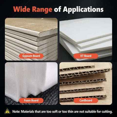 Pro Level Drywall Cutting Tool, Foldable Hand Push Design For Dead On Clean Slices, showing gypsum, KT, foam, and cardboard boards.