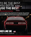 Back view of a red Dodge Challenger showcasing Red Line Oil branding, emphasizing performance for racing vehicles.