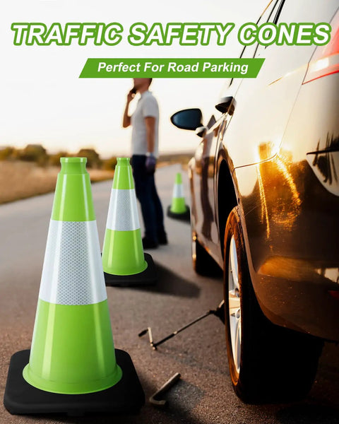 Heavy Duty 18 Inch Traffic Cones Set With 6 Inch Reflective Collars, Lime Green PVC Construction Cones For Home Driveway, Road Parking Or Job Site, Wind Resistant Weighted Base Keeps Them Standing In Any Weather