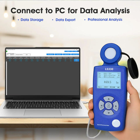 All In One Light Meter For Illuminance PPFD UV Index And Flicker Analysis High Precision Lux Meter And Color Temperature CRI Tester For LED Grow Lights And Indoor Agriculture, blue handheld unit connected to laptop