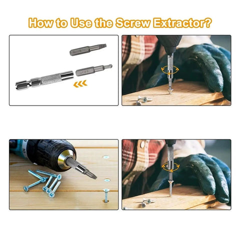 Premium 25 To 140 Piece Screwdriver Bit Kit With Torx Wrench For Phone PC Repair Includes Magnetic Bits And Auxiliary Disassembly Tools Perfect For Daily Tech Fixin' And DIY gadget hustle. screw extractor shown drilling out wood screw