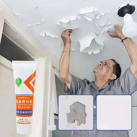 Quick Drying Wall Repair Paste For Holes And Cracks Fill Drywall Fast in Bathrooms Kitchens Basements Garages and Homes A Simple No Mess Crack Fix Paste Kit for Busy Houses, man repairing ceiling.