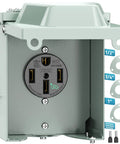 Heavy Duty Nema 14-50R EV Charging Outlet Box With Copper Contacts And Solid Brass Terminals For Straight Up Reliable Power Delivery No Fuss Drilling Required UL Certified Outdoor Garage Ready with bright work surface.
