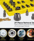 No Sweat 29 Piece Bolt Extractor Kit With Left Hand Drill Bits And Nut Removers displayed in yellow case