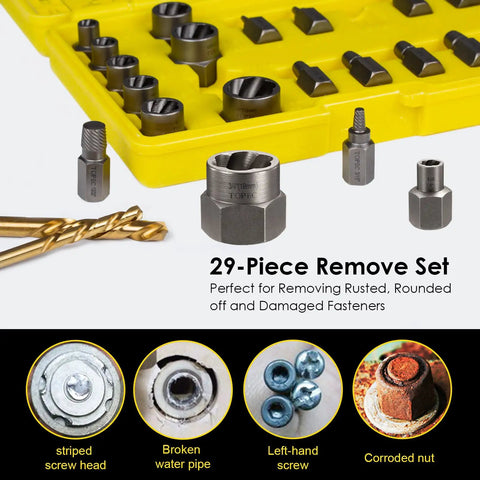 No Sweat 29 Piece Bolt Extractor Kit With Left Hand Drill Bits And Nut Removers displayed in yellow case