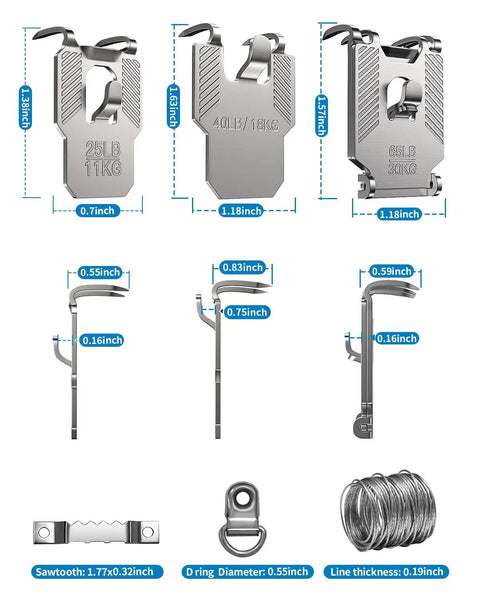 11 pieces showing various heavy duty drywall hooks rated 25, 40, and 65 pounds for 111 Piece Picture Hanging Kit With Heavy Duty Drywall Hooks No Nail Claw Wall Mounts Rated 25 40 And 65 Pounds.