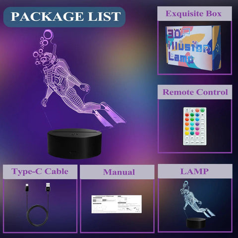 Package contents of Scuba Night Light 3D Illusion Lamp With Remote 16 RGB Colors 4 Flash Modes Dimmable And Timer