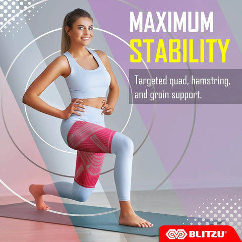 Woman wearing 1 Pair Hamstring And Quad Compression Sleeves For Men And Women Upper Leg Thigh Support Anti Slip Running And Workouts Groin And Muscle Recovery Purple XL during workout