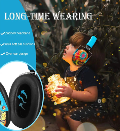 Child wearing Kids Noise Cancelling Earmuffs With 25dB NRR Adjustable Headband Fireworks Pattern, holding a jar of lights.