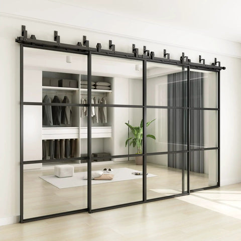 Premium Clear Tempered Glass Bypass Barn Doors 144 By 96 Inches with black carbon steel frame in modern closet setting.