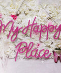 Pink LED Neon Light Sign My Happy Place Two Panel Wall Decor with floral background and butterfly accents.