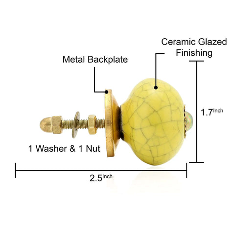 Real Deal Handmade Ceramic Drawer Knobs For Dressers And Kitchen Cabinets Featuring Snazzy Yellow Crackle Finish, 2.5-inch size.