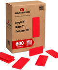 High Impact Plastic Flat Shims Leveling Spacers One Eighth Inch Thick Bulk Case 300 Pieces. Red plastic shims in a box with dimensions.