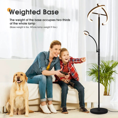 Two In One Smart Remote And Touch Control LED Floor Lamp With Reading Light shown in living room with family and dog.