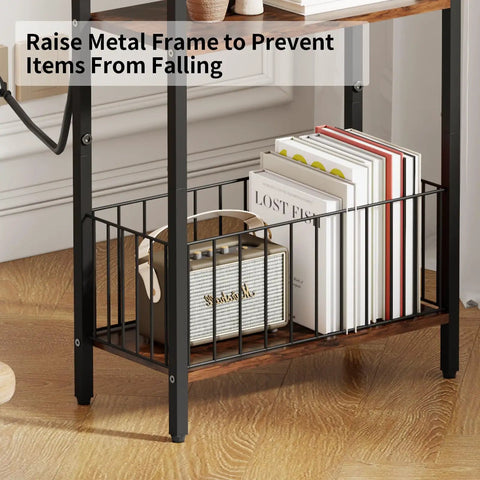 Floor Lamp With Integrated Table And Storage Baskets End Table With Three Color Temperature LED Bulbs Nightstand, black metal frame detail