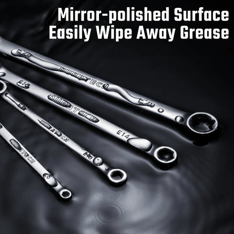 Four Piece E Torx Wrench Set With Double Box End Wrenches In Chrome Vanadium Steel shown with mirror-polished finish.