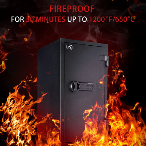UL Certified Fireproof Safe For Home And Office 3.47 Cubic Feet Large Steel Safe Box With Digital Lock shown amidst flames