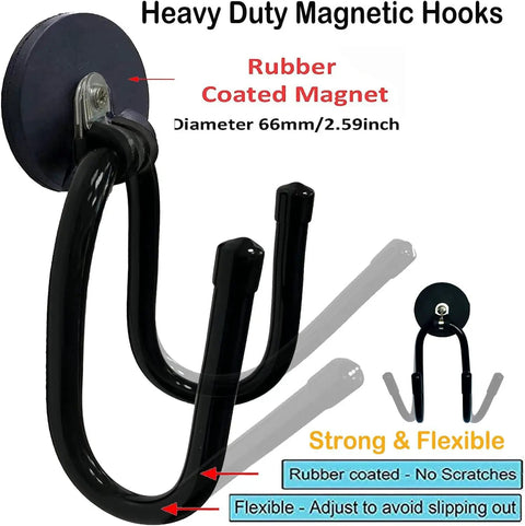 2 Pack Heavy Duty Magnetic Garage Hooks with Rubber Coated Magnets, showing strong steel hooks and rubber magnet details