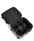 Open Underseat Rolling Work Bag With Laptop Sleeve And Botanical Paisley Print For Commuters displaying interior compartments.